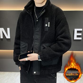 Woodpecker Fleece-Lined Jacket for Men, Winter Casual Stand-Collar Thickened Warm Cold-Resistant Jacket, Loose Versatile Cotton Coat Trendy