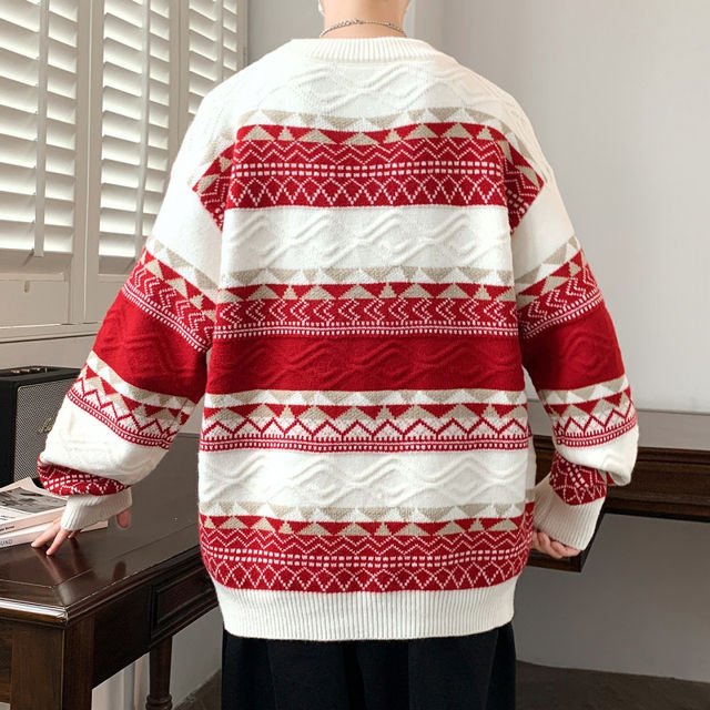 Woodpecker Striped Sweater for Men, Casual Round Neck, Couple's Soft and Cozy Lazy Style, Retro Patchwork Warm Knitwear, Trendy