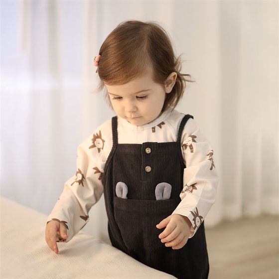 宝宝背带裤春秋款婴儿灯芯绒连体裤子女童长裤男童护W肚连身裤秋