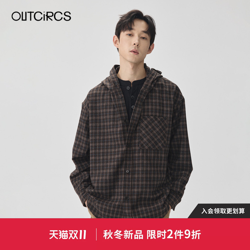 Outcircs26Aw Autumn New Suede Plaid Hooded Shirt Men's Hoodie