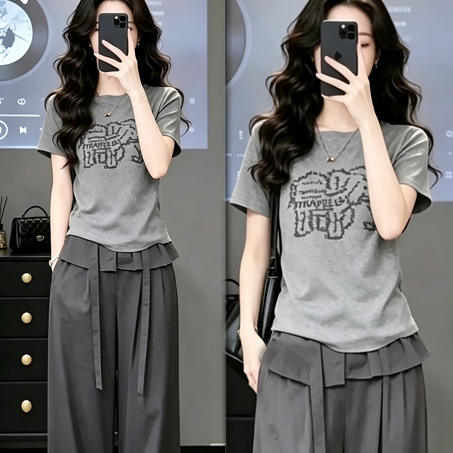 ファッションマスター：グレーの象柄Tシャツに、ドローストリング開閉式のフェイクツーピースワイドレッグパンツを合わせた、夏らしいコーディネート。
