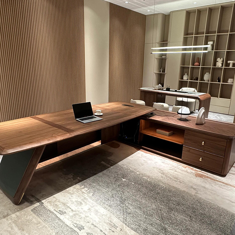 New Chinese-Style Solid Wood Office Desk, Black Walnut Wood Executive Desk, Light Luxury Modern High-End Executive Desk