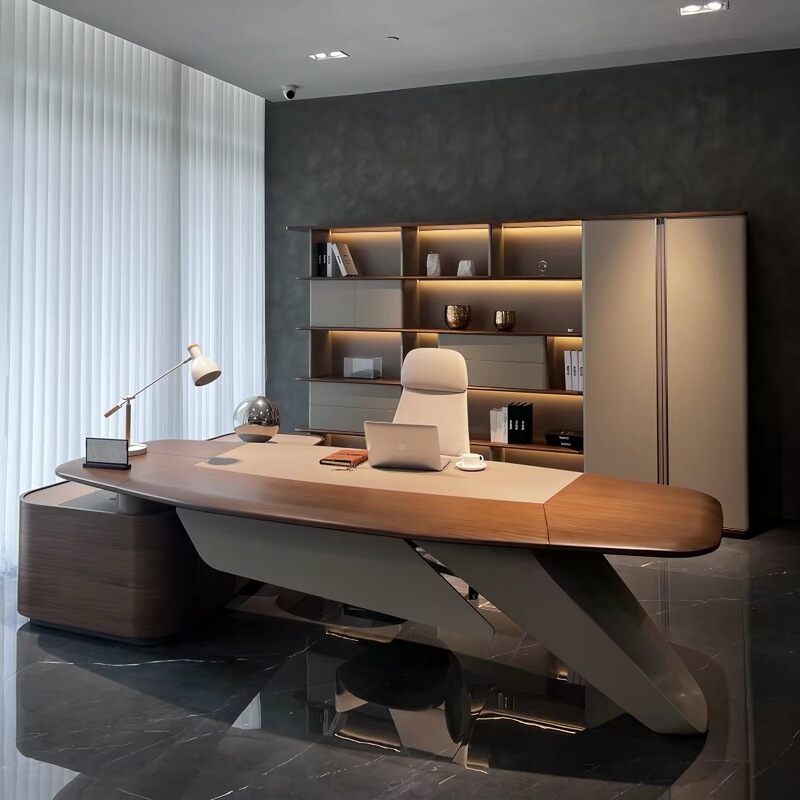 Modern Light Luxury Black Walnut Wood Office Desk, Italian-Style Minimalist Executive Desk with Side Table, Office Manager's Desk