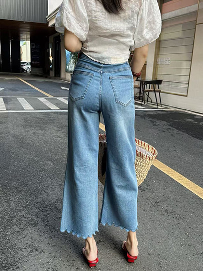 Designed Floral Hollow-Out Jeans for Women, 2025 Summer Thin Style, Plus Size, Pear-Shaped Body, High-Waisted Straight Wide-Leg Pants