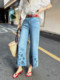 Designed Floral Hollow-Out Jeans for Women, 2025 Summer Thin Style, Plus Size, Pear-Shaped Body, High-Waisted Straight Wide-Leg Pants