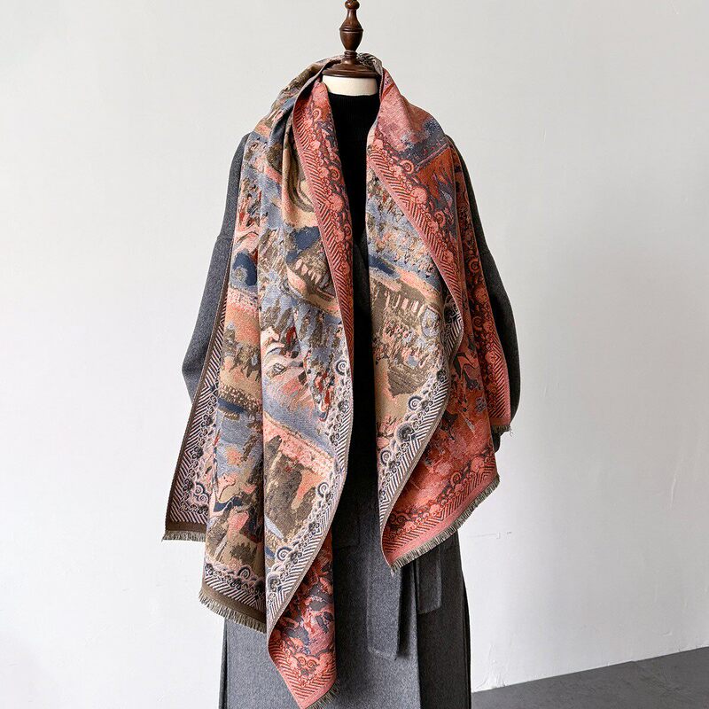 French Mk Tassoglas Cashmere Scarf Winter Style Dunhuang Oil Painting Autumn and Winter Thickened Shawl Jacquard Neck Scarf