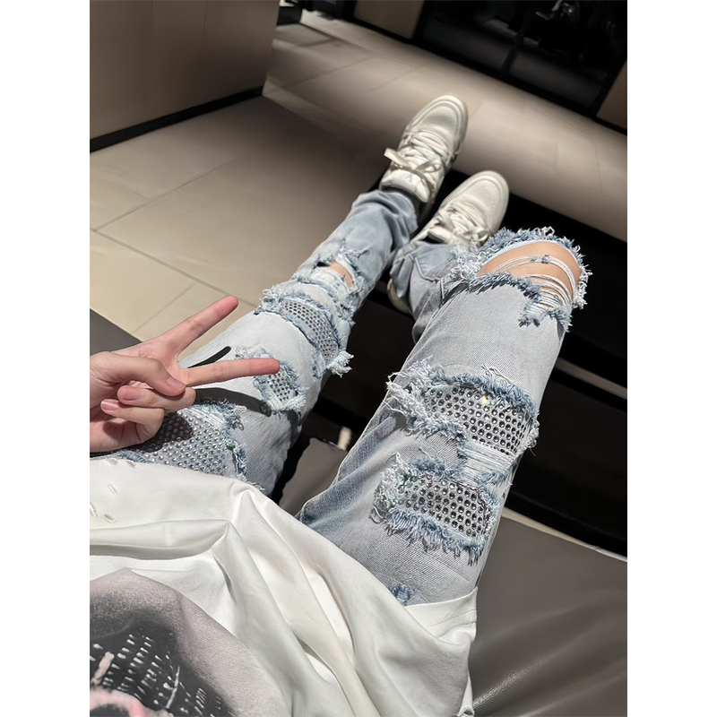 Shangshan Original High Street Style Rhinestone Ripped Blue Diamond Jeans High Elasticity Skinny Pants for Men and Women Students