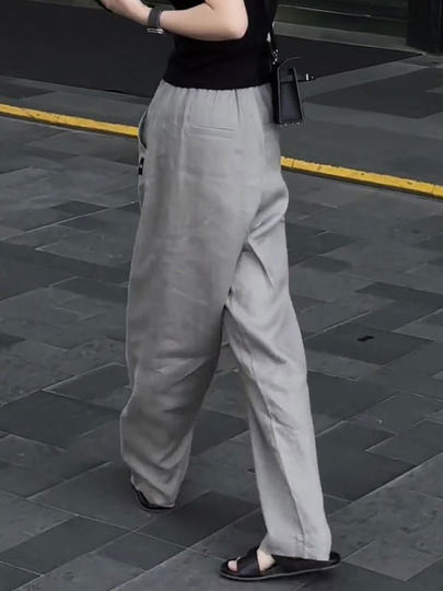 银灰色松紧腰垂感亚麻裤女2025夏季爆款气质简约舒适透气百搭长裤