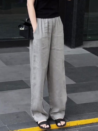 银灰色松紧腰垂感亚麻裤女2025夏季爆款气质简约舒适透气百搭长裤
