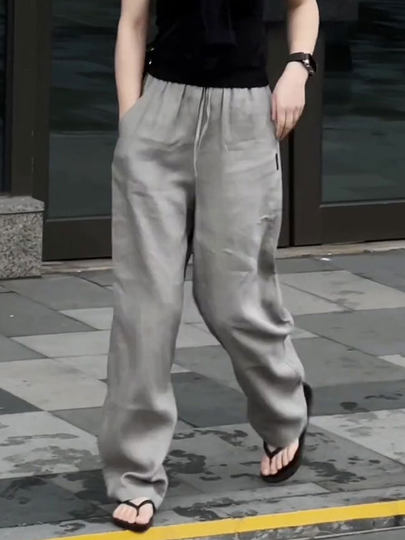 银灰色松紧腰垂感亚麻裤女2025夏季爆款气质简约舒适透气百搭长裤
