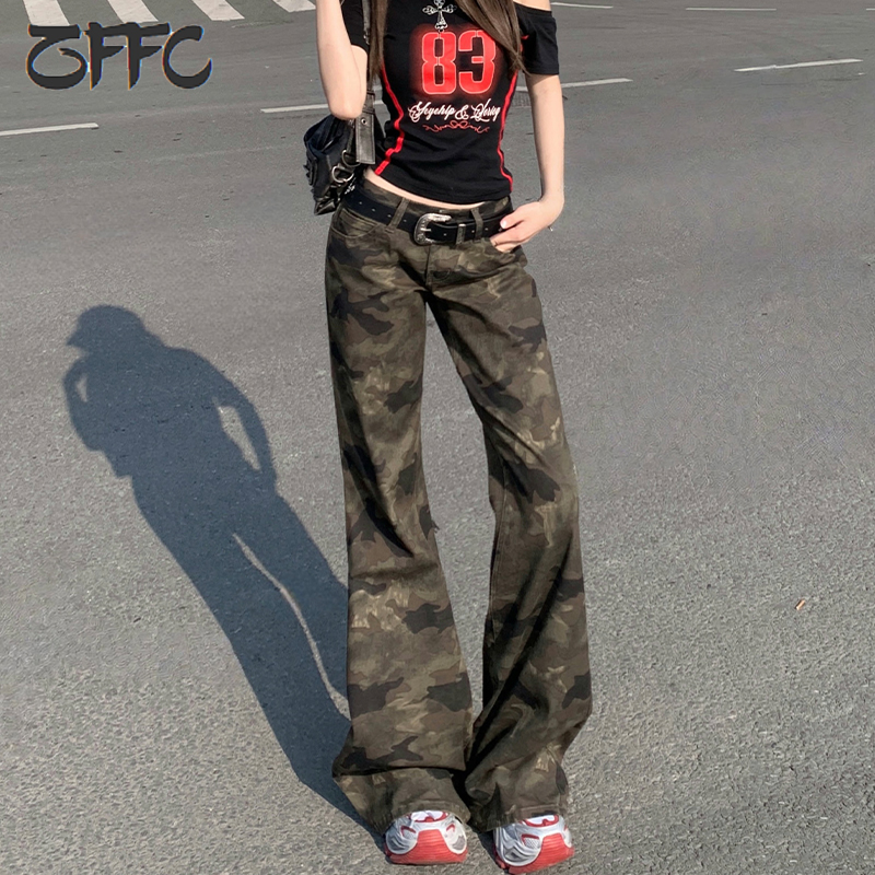 アメリカンカモフラージュ柄ローウエストジーンズ、レディース2025年夏新作、レトロスリムフィットワークウェアフレアパンツ