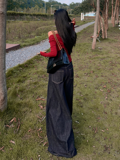 丹宁蓝美式阔腿牛仔裤女2025年秋季垂感慵懒感宽松深蓝色直筒裤子