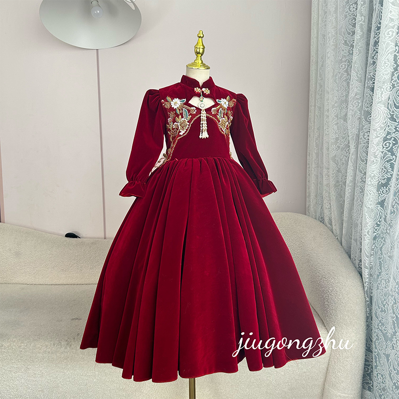 【Dragon and Phoenix Auspicious Symbol】Bright Red Formal Dress New Year Outfit Princess Dress Birthday Show Performance Host New Chinese Style National Style