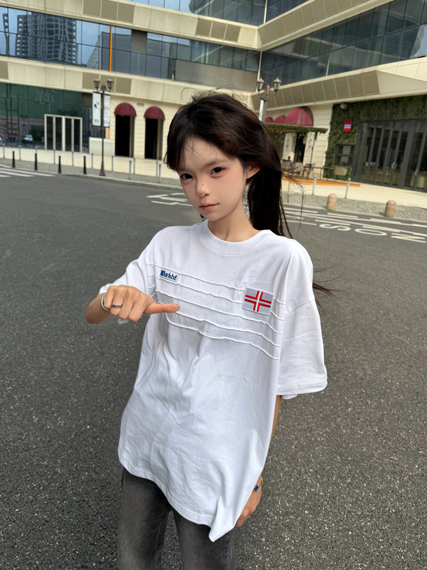 Nashao Dadi American Retro Pleated Design Short-Sleeve T-Shirt Loose Sports Round-Neck Striped Embroidered Top Trendy Brand