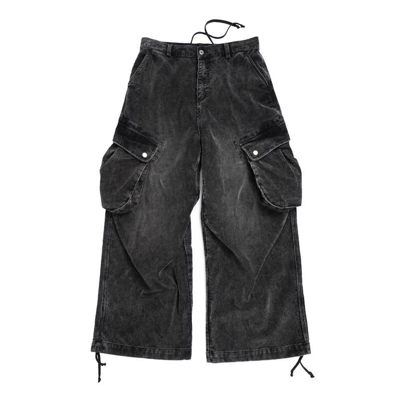 Xentric Corduroy Pre-Washed Distressed Harp Pocket Cargo Pants Workwear Wide-Leg Trousers