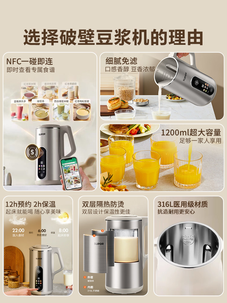 Supor Soy Milk Maker for Home Use, Fully Automatic, No Filtering, No Cooking, Multifunctional, Small Blender, Quiet Operation, 2026 New Model