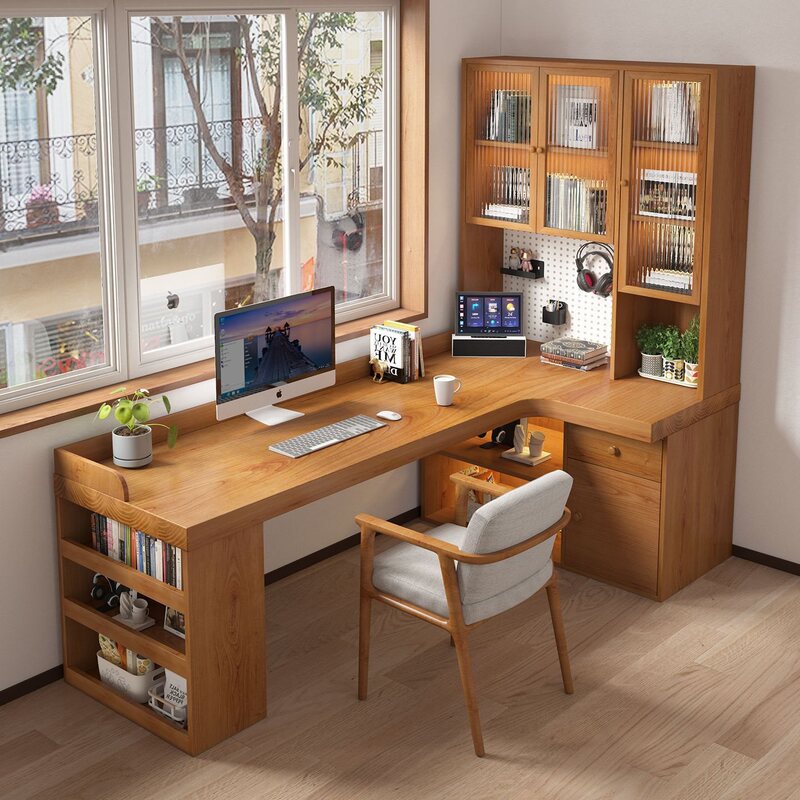 All-Solid Wood Corner Desk and Bookshelf Integrated Corner Workstation for Small Apartments, L-Shaped Computer Desk All-Solid Wood Corner Desk and Bookshelf Integrated Corner Workstation for Small Apartments, L-Shaped Computer Desk