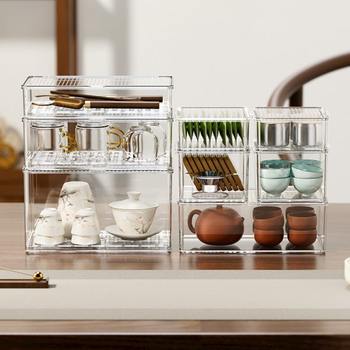 Tea set storage box dustproof and lid transparent kung fu tea cups and tea bowls and teapots for storage racks