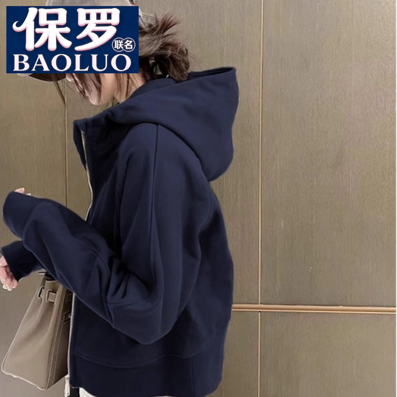 Paul Discount Navy Blue Hooded Sweatshirt for Women, Fleece-Lined and Thickened, Short Zip-Up Jacket for Petite Sizes