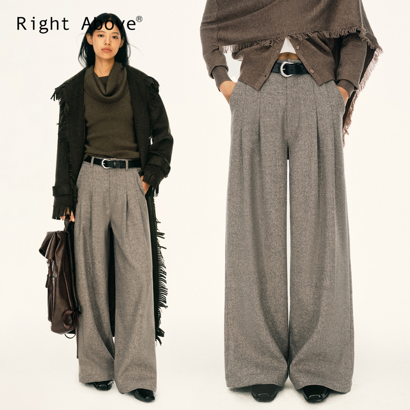 Right Above Selected Worsted Wool Pleated Straight-Leg Trousers, Wide Casual Pants, Olive Gray