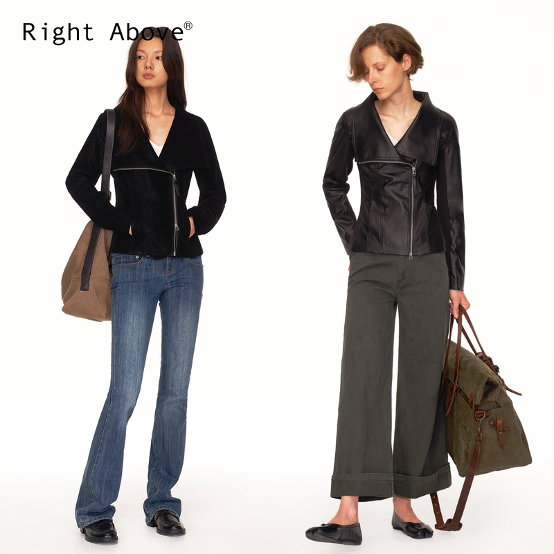 Right Above Ribbed Sleeve Lapel Vintage Slim Fit Diagonal Placket Biker Leather Jacket Autumn and Winter Short Top