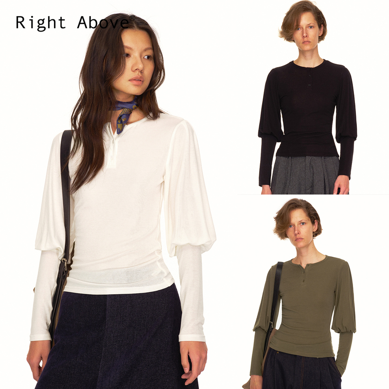 Right Above High-Proportion Lenzing Tencel Wool Lamb Leg Sleeve Henry Collar Vintage Long Sleeve T-Shirt for Women in Autumn Right Above High-Proportion Lenzing Tencel Wool Lamb Leg Sleeve Henry Collar Vintage Long Sleeve T-Shirt for Women in Autumn