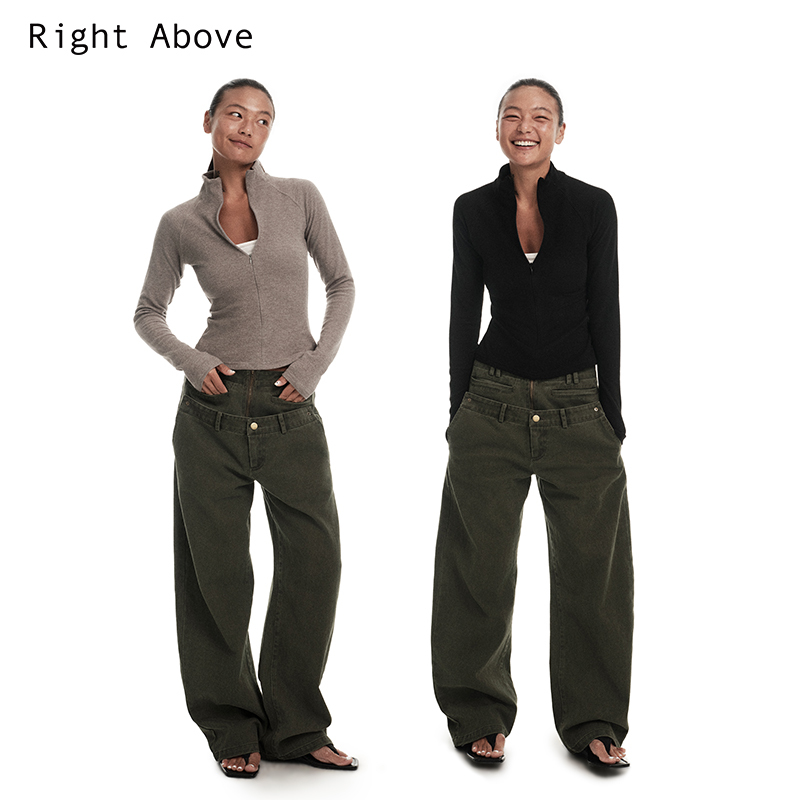 Right Above Vintage Washed Denim Cotton Double Waistband Cargo Pants with Curved Pockets and Rivets in Army Green Scimitar Pants Right Above Vintage Washed Denim Cotton Double Waistband Cargo Pants with Curved Pockets and Rivets in Army Green Scimitar Pants