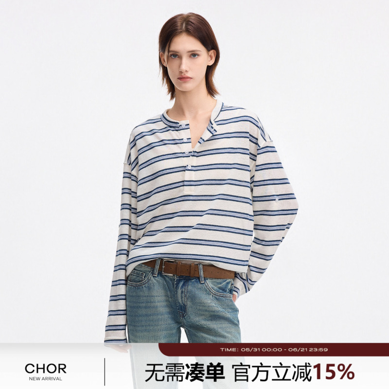 Chor Henry Collar Long-Sleeved Striped T-Shirt for Women 2026 Summer American Cleanfit Simple Loose Casual Top Chor Henry Collar Long-Sleeved Striped T-Shirt for Women 2026 Summer American Cleanfit Simple Loose Casual Top