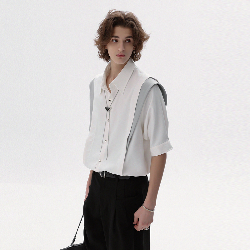 Chor Large Lapel, Off-Shoulder Design, Loose-Fitting Men's Short-Sleeve Shirt, High-End Mid-Sleeve, Light Luxury, Versatile Trendy Shirt