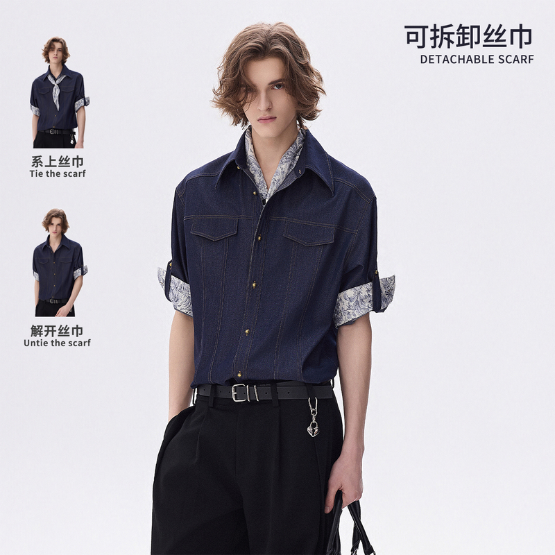 Chor Retro Dark Blue Denim Short-Sleeved Shirt for Men 2026 New Loose Casual Versatile Lapel Shirt Top Chor Retro Dark Blue Denim Short-Sleeved Shirt for Men 2026 New Loose Casual Versatile Lapel Shirt Top