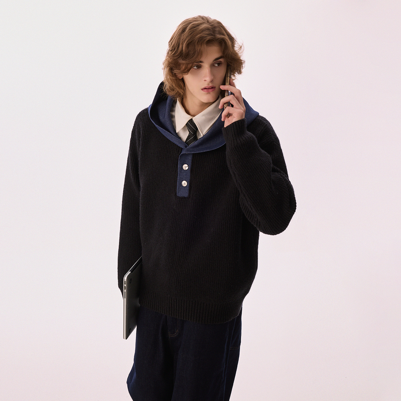 Chor Autumn and Winter Casual Style Sweatshirt with Denim Patchwork Hooded Korean College Style Heavy Knit Sweater Top