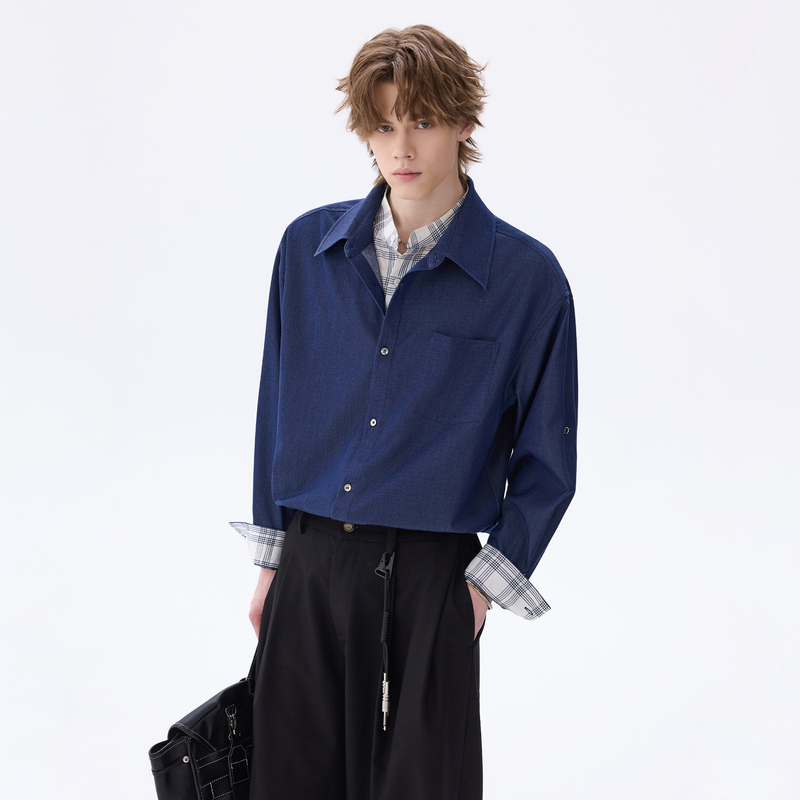 Chor Spring High-End Ice Silk Denim Plaid Double-Collar Long-Sleeved Shirt Men's Business Casual Loose Shirt