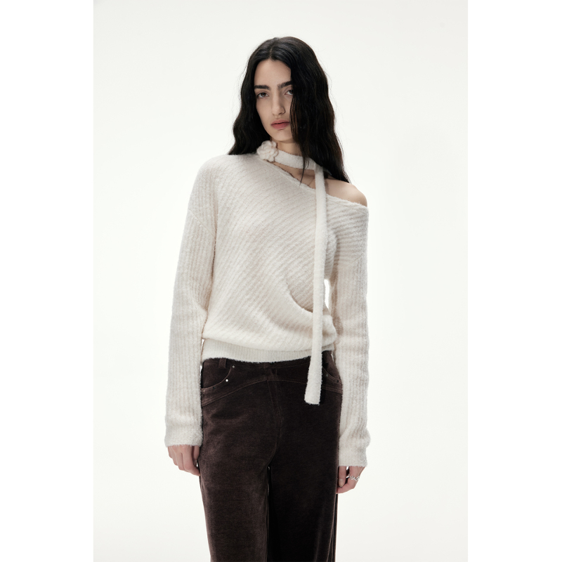 In Modo Diverso Original 85% Merino Wool Loop Yarn Slanted Shoulder Crochet Ribbon Loose Sweater