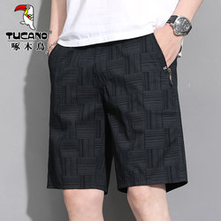 Woodpecker Black Plaid Men's Casual Shorts, Men's Summer Mid-Length Shorts for Outdoor Wear, Loose Fit, Pure Cotton, Large Waistband