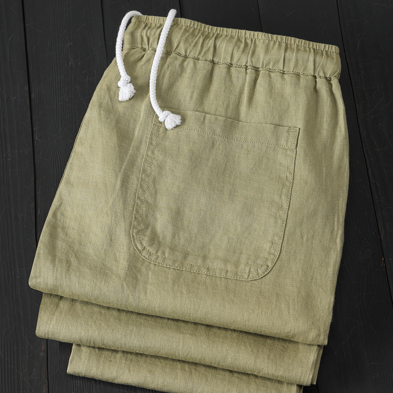 Summer Fruit Green Pure Linen Cropped Pants with a Tapered Leg, Lightweight, Breathable, Moisture-Wicking, Drawstring Elastic Waist, Straight-Leg Pants