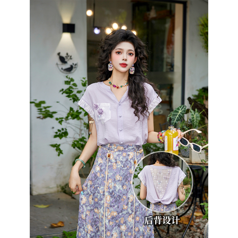 Kuobu Home【Light Purple Flower Dance】Summer Thin Shirt Women's Clothing with Unique Back Design and High-End Floral Top
