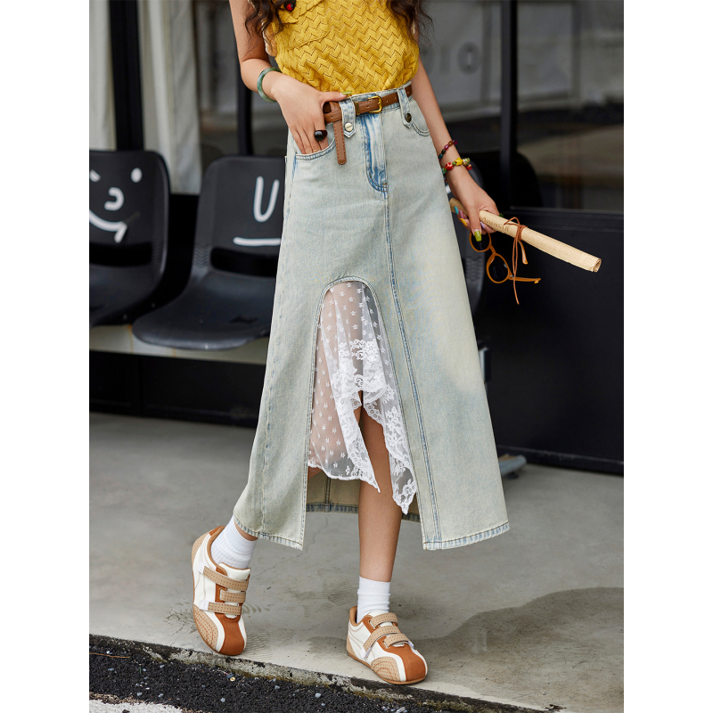 Kuojia【Dreamy Lace】High-Waisted Lace Spliced Denim Skirt for Women, Summer Design, Slimming Half Skirt Kuojia【Dreamy Lace】High-Waisted Lace Spliced Denim Skirt for Women, Summer Design, Slimming Half Skirt