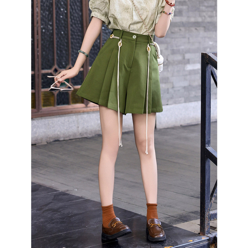 Kuojia【Green Plum Wine】Green Summer Casual Pants Women's High-Waisted Versatile Shorts Loose Wide-Leg Pants Skirt
