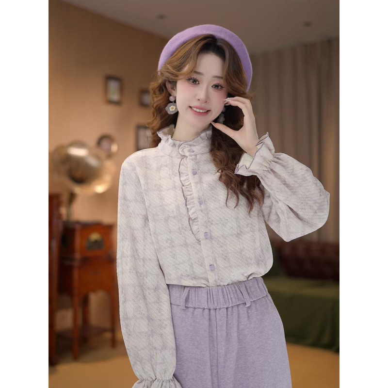 Jiang Zhizhi【Purple Evening Breeze】Super Stylish Purple Thickened Shirt for Women, Autumn and Winter Design, Purple Stand-Up Collar Inner Wear Jiang Zhizhi【Purple Evening Breeze】Super Stylish Purple Thickened Shirt for Women, Autumn and Winter Design, Purple Stand-Up Collar Inner Wear