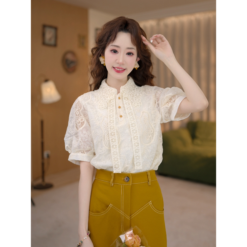Jiangzhizhi【Gardenia Snowfall】Lace Stand Collar Shirt, Elegant and Luxurious Style, Summer Heavy Lace Shirt Zh574953