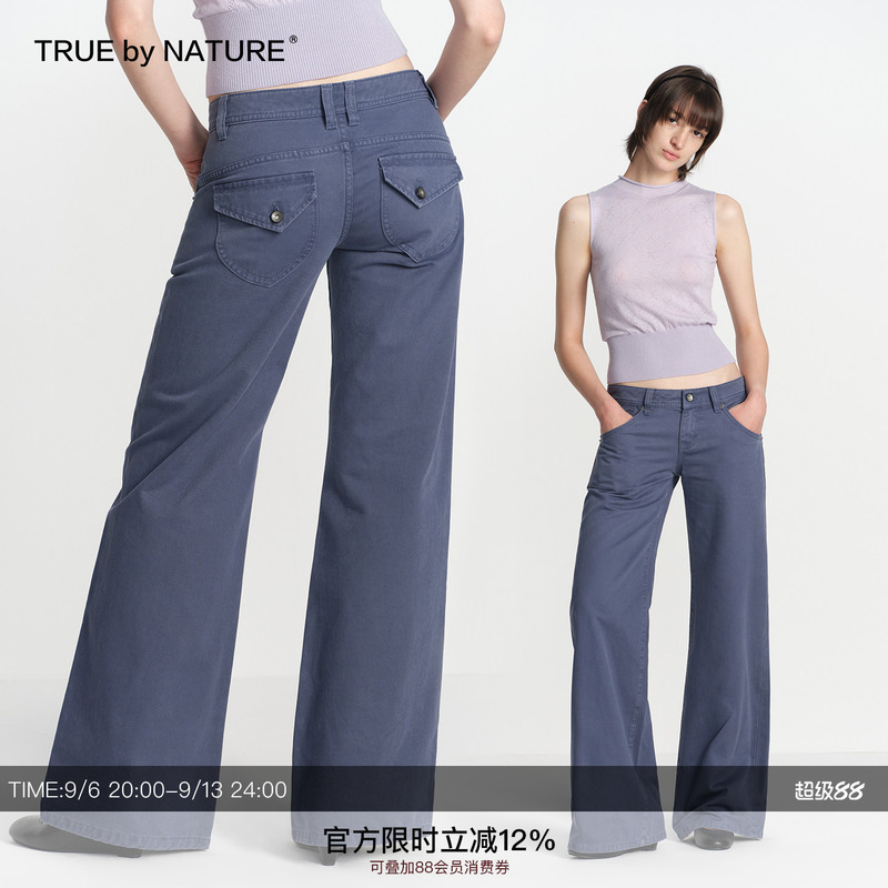 True by Nature Retro Low-Rise Straight-Leg Workwear Blue Washed Distressed Casual Long Pants