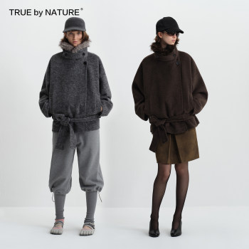TRUE by NATURE 70%羊毛 复古双面呢可拆卸毛领短款毛呢大衣外套