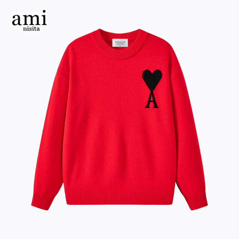 Ami Nisita Official Red Knitwear for Men and Women, Autumn and Winter American Casual Heart Embroidered Knitwear Tops