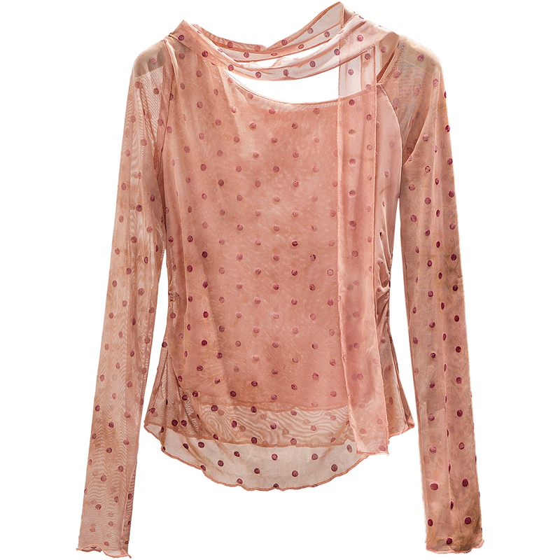Silk Polka Dot Base Shirt 2026 Spring New Fashion Women's Elegant Lace-Up Long-Sleeve Slim-Fit Short Top