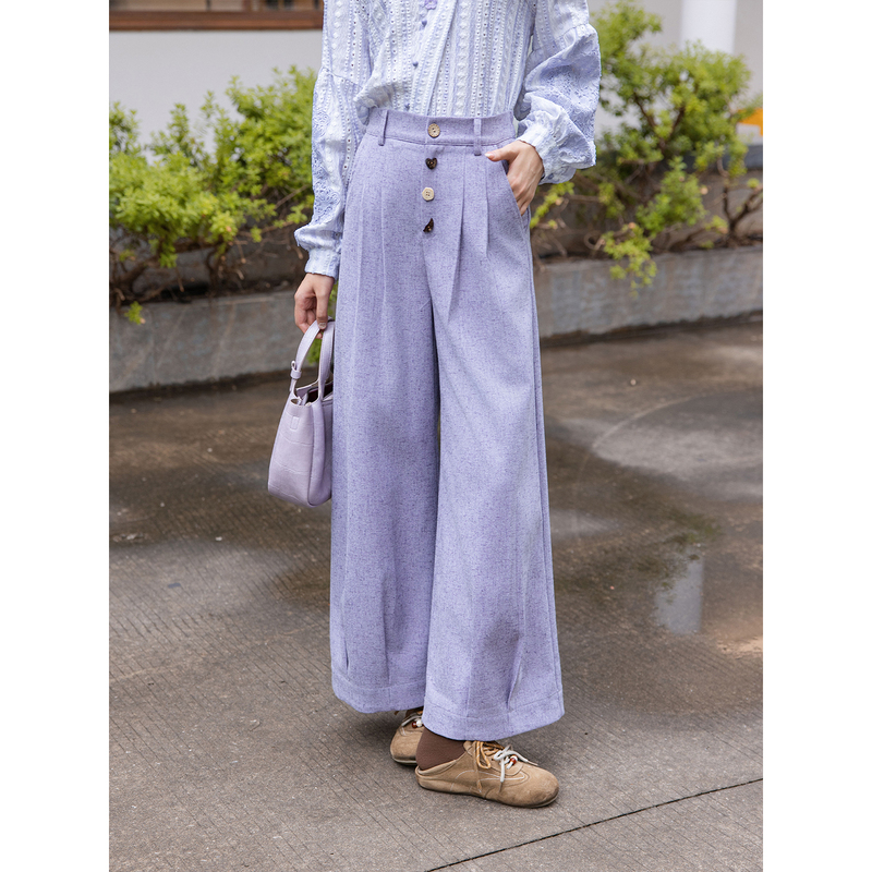Qiqi【Zilanhua】Purple High-Waisted Wide-Leg Pants for Women, New Autumn Style, Elastic Waistband, Versatile Casual Long Pants Qiqi【Zilanhua】Purple High-Waisted Wide-Leg Pants for Women, New Autumn Style, Elastic Waistband, Versatile Casual Long Pants