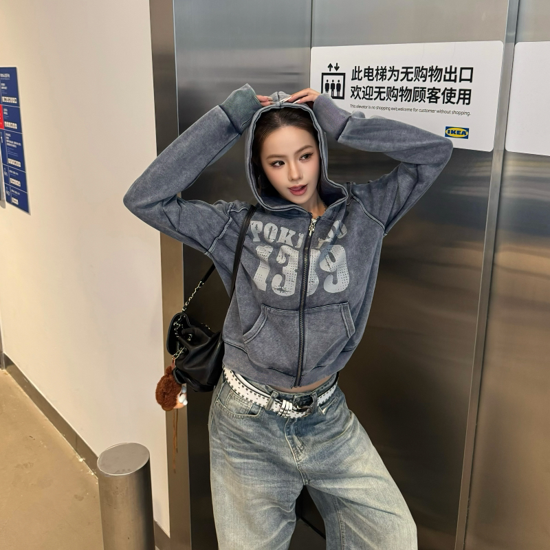 Caiii American Retro Distressed Washed Digital Print Short Jacket Trendy Zip-Up Hooded Cardigan Sweatshirt for Women