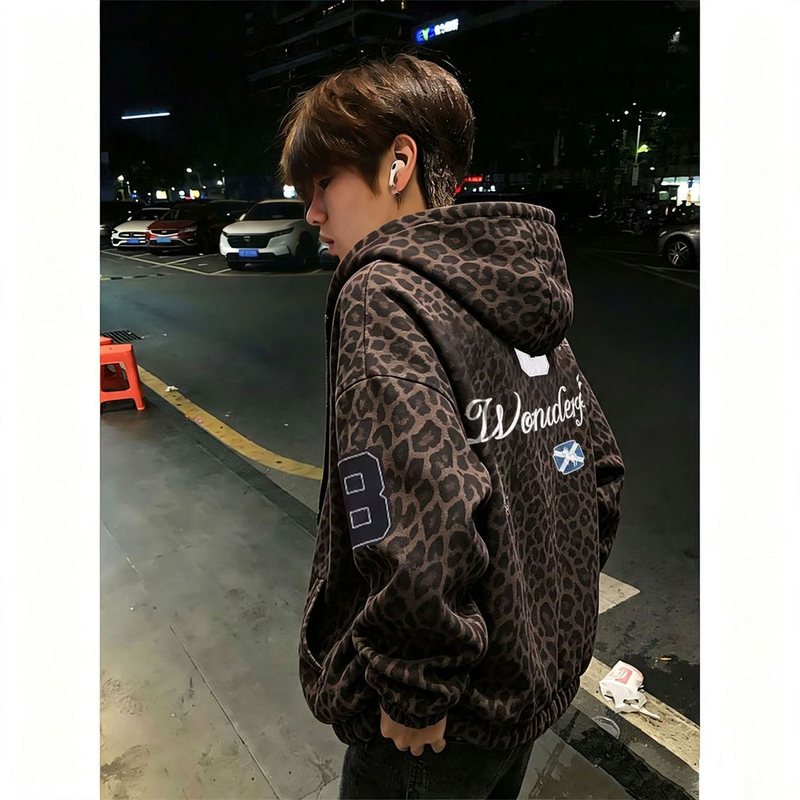 American Retro Leopard Print Style Embroidered Hooded Sweatshirt Men's Autumn and Winter Youth Couple Wear Cardigan Zipper Jacket
