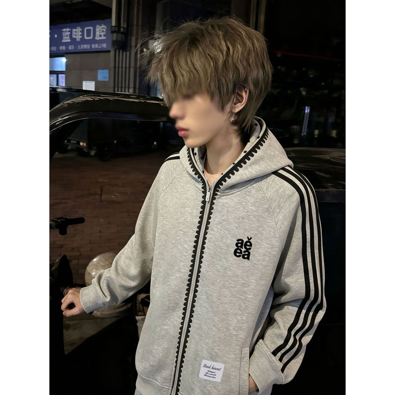 American-Style Casual Polka Dot Striped Three-Stripe Hooded Sweatshirt for Men, Autumn and Winter Fleece-Lined Loose Letter Embroidery Jacket Trendy