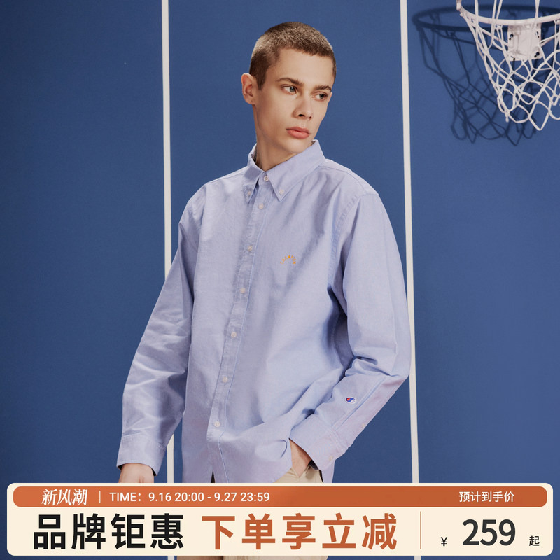 Champion Long-Sleeved Shirt with Embroidered Logo, Lapel, Men's Spring and Autum Loose Retro Blue Top