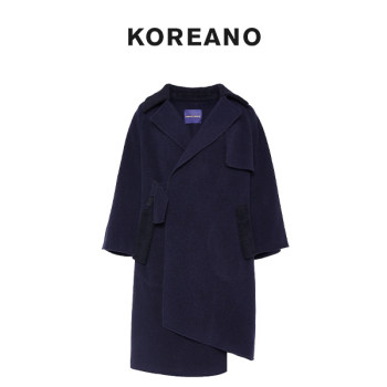 Winter quiet blue and black mid-length loose unique leather buckle coat fy1847b